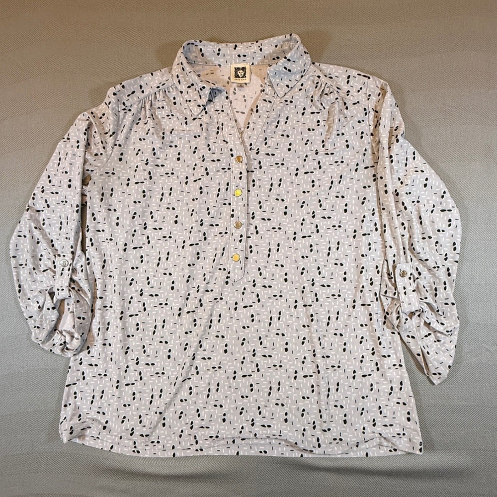Anne Klein Gray Abstract Dash Print Button Tab Sleeve Blouse 303M54QD254M 2405